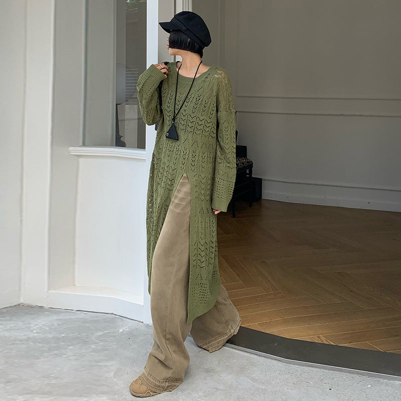 V-neck High Slit Hollow Knit Sweater