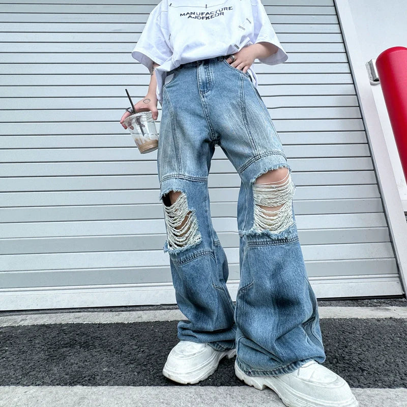 Ripped Denim Straight Vintage Patchwork Wide-leg Pants