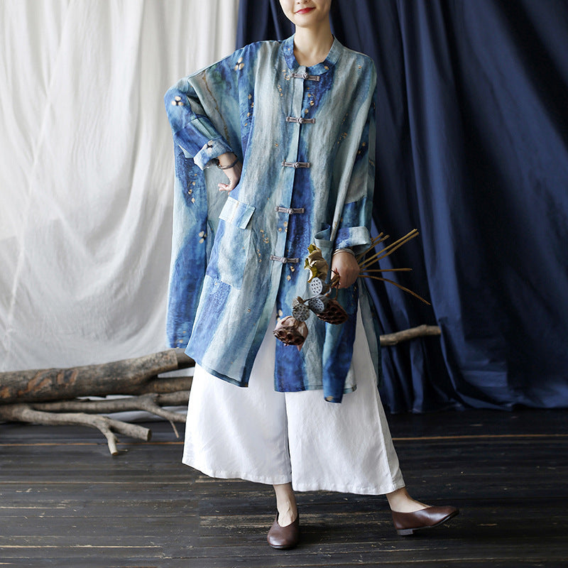 Vintage Ramie Loose Ethnic Shirt Mid-Length Jacket