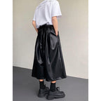 PU Leather Pleated Loose Wide-leg Cropped Trousers