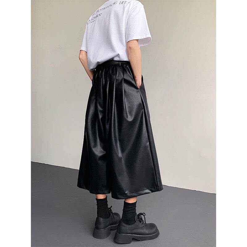 PU Leather Pleated Loose Wide-leg Cropped Trousers