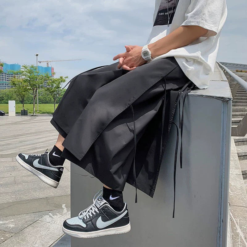 Japanese Style Fake Two Piece Side Ribbon Pants