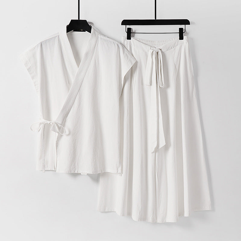 Two Piece Vest Sleeveless Cotton And Linen Suit