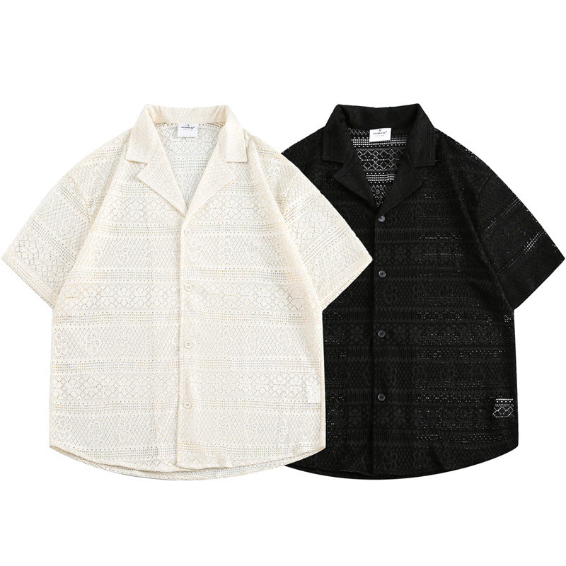 Loose Casual Hollow Pattern Cuban Collar Shirt