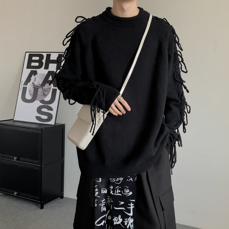 Solid Color Fringed Crew Neck Knitted Sweater