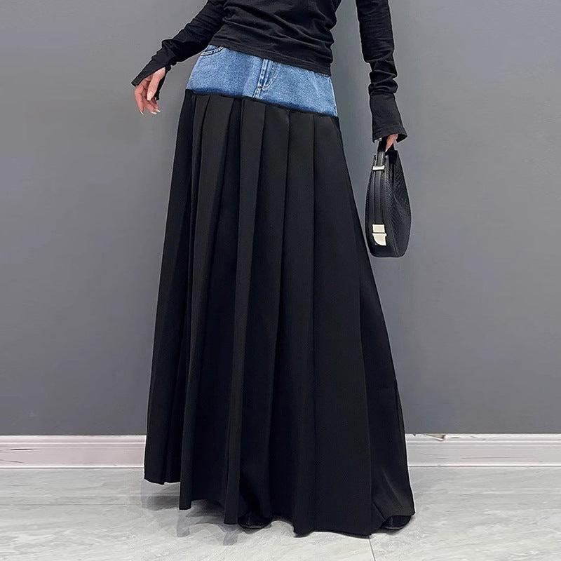 Casual Contrast Patchwork Denim Skirt