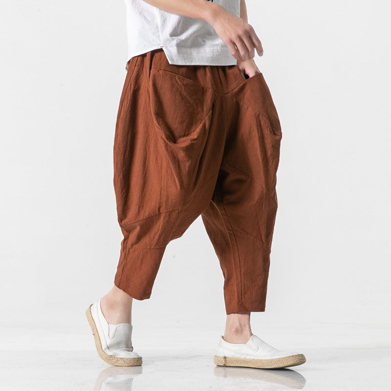 Cotton and Linen Cuffed Wide Leg Harem Pants