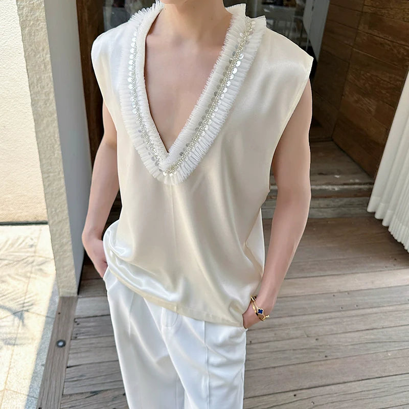 Pearl Flower Large V-Neck Sleeveless Satin Vest