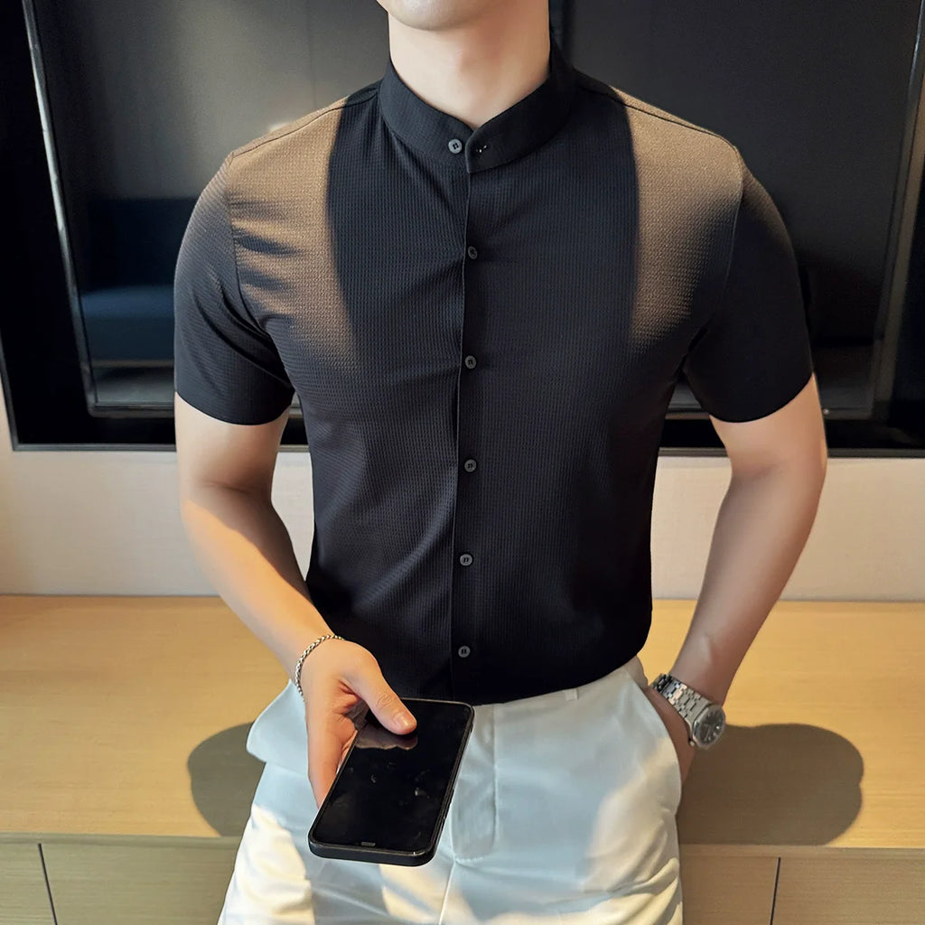 Summer Stand Collar Ice Silk Casual Waffle Shirt
