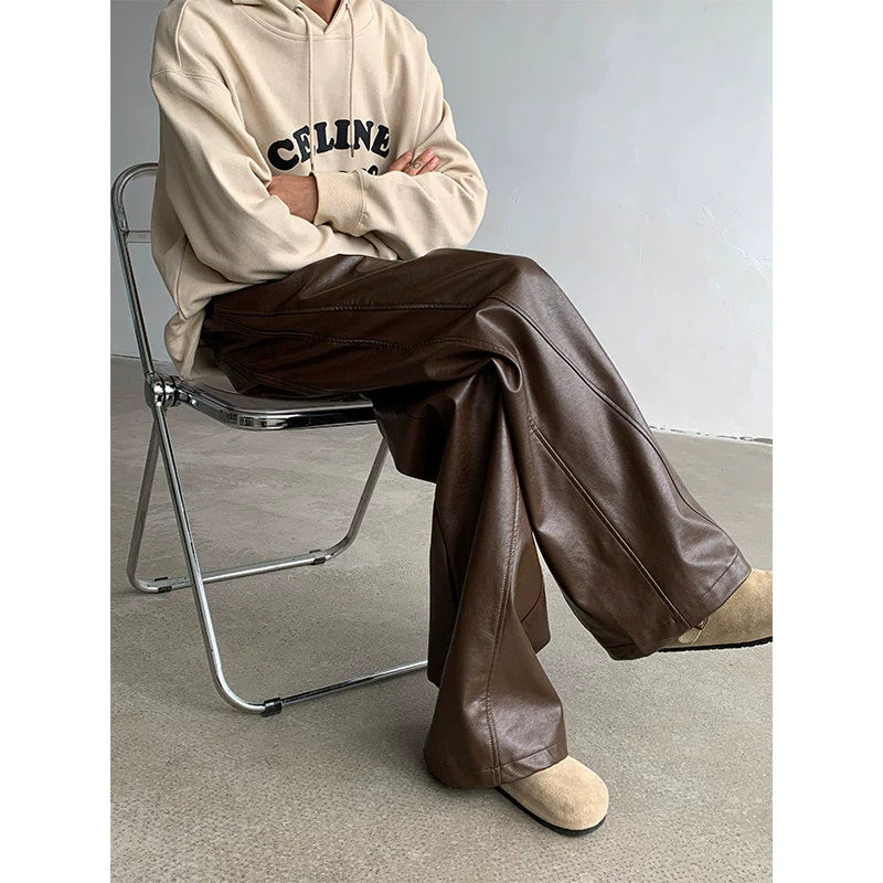 Vintage PU Leather Straight Wide-leg Casual Pants