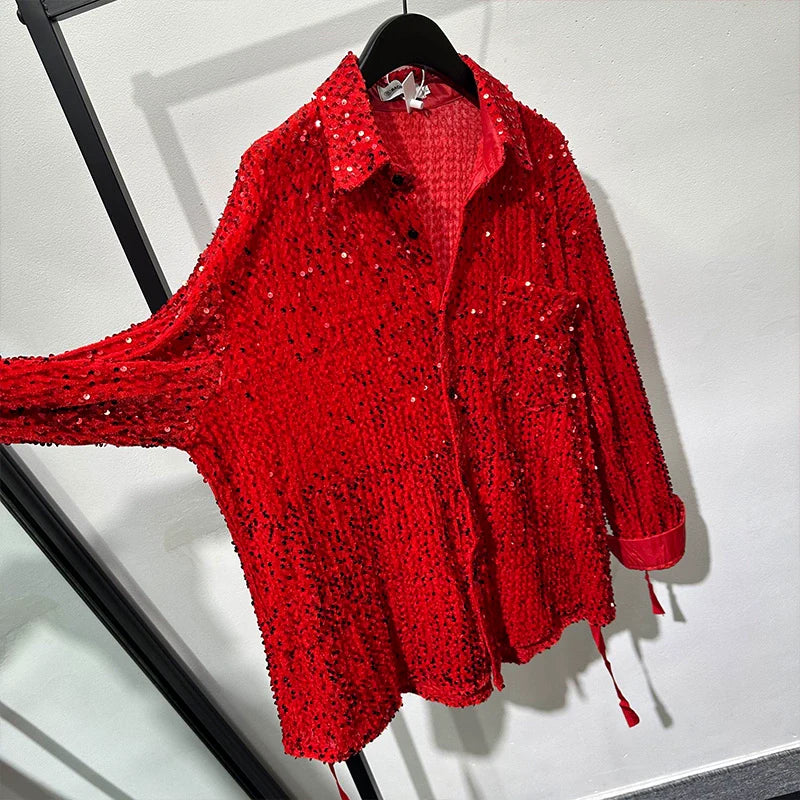 Irregular Design Sequined Lace-up Shirt