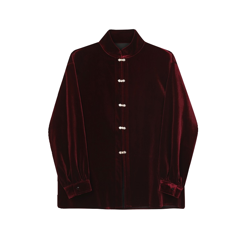 Button-down Stand-collar Vintage Velvet Long-sleeved Shirt