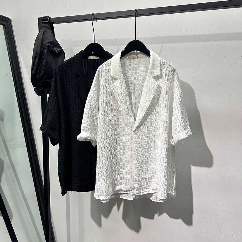 Embossed Pattern Solid Color Lapel Shirt