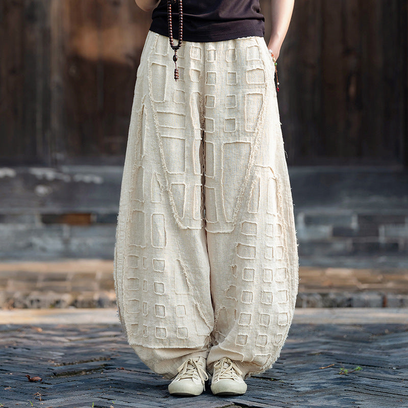 Raw-edge Linen Wide-leg Harem Pants