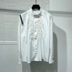 Zippered Loose-fitting Stand-up Collar Pleated Shirt