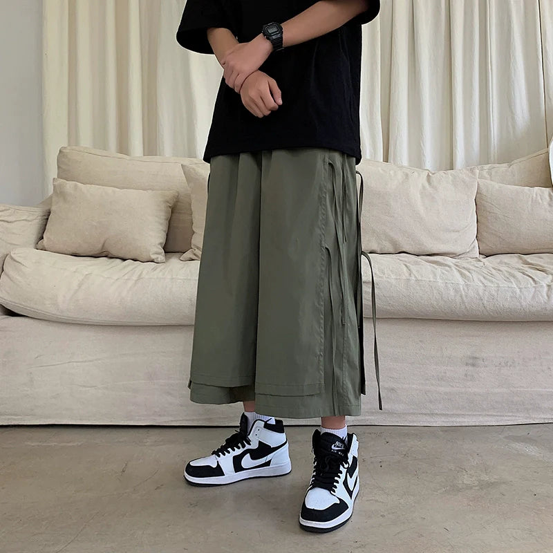 Japanese Style Fake Two Piece Side Ribbon Pants