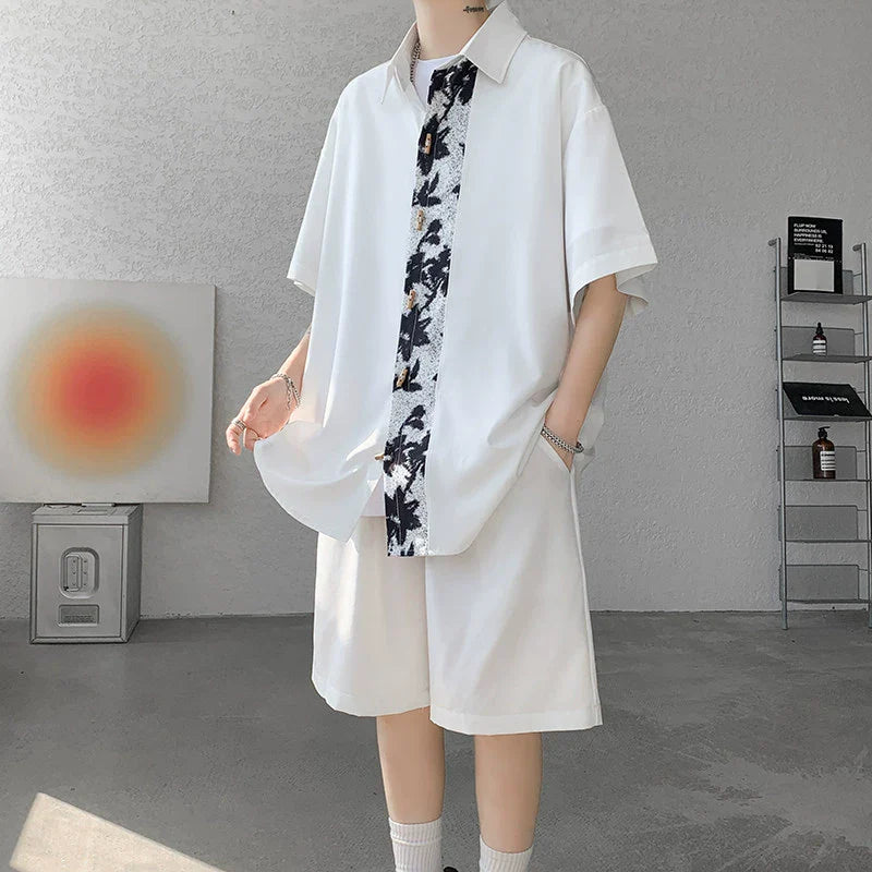 Summer Ice Silk Lapel Shirt Shorts Two-piece Suit