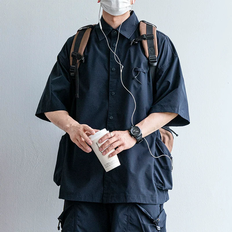 Japanese Functional Large Pocket Shirt Casual Loose Overalls Two-piece Set