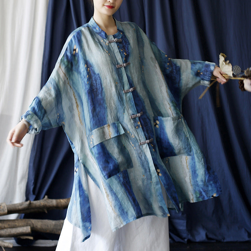 Vintage Ramie Loose Ethnic Shirt Mid-Length Jacket