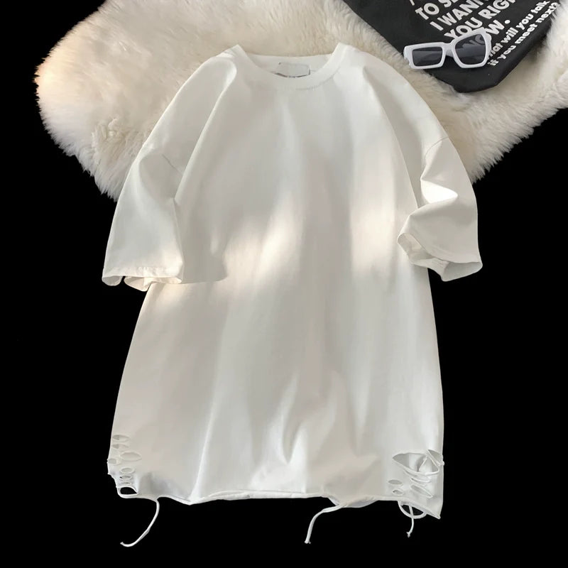 Ripped Solid Color Round Neck T-shirt