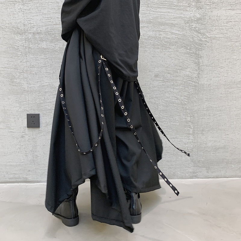 Webbing Irregular Oversized Wide-leg Culottes Hakama Pants