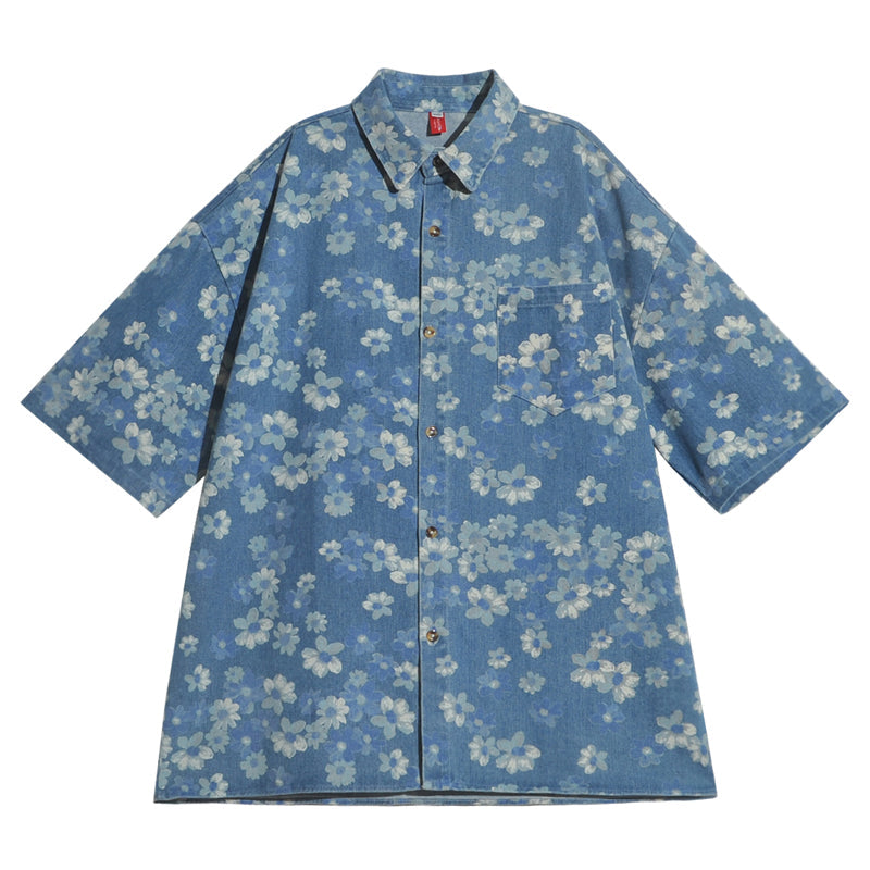 Vintage Floral Print Short Sleeve Denim Shirt