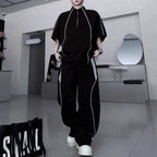 American Style Stand-up Collar Contrast Color T-shirt Zipper Wide-leg Trousers Two-piece Suit