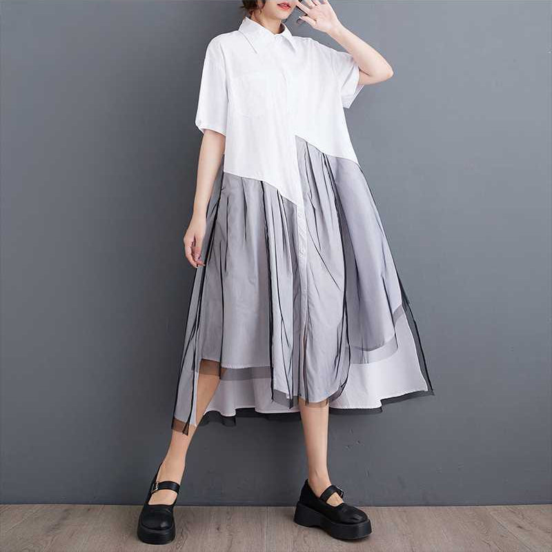 Mesh Patchwork Loose Irregular Shirt Dress