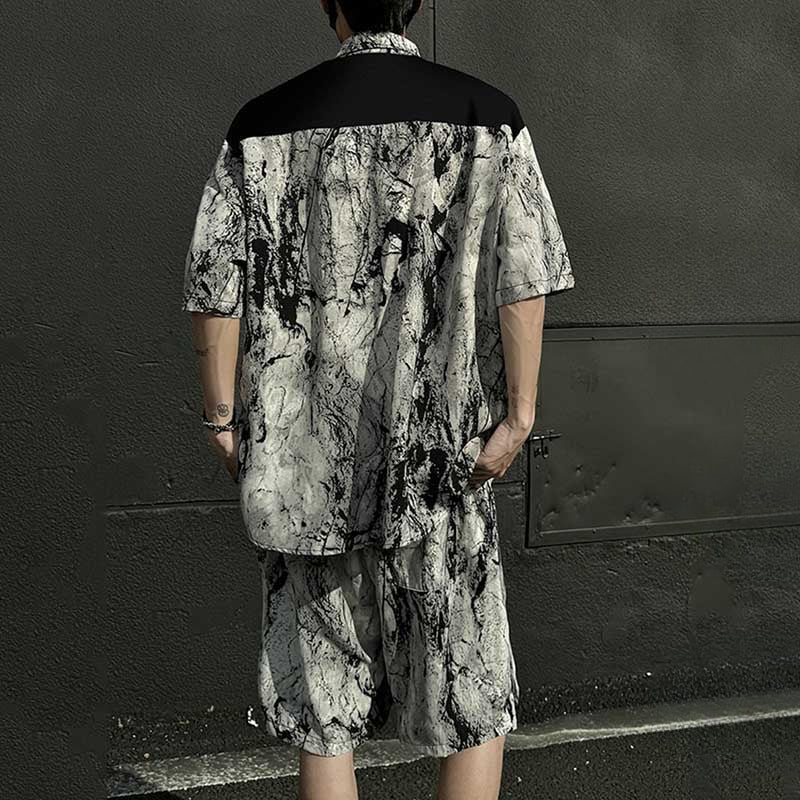 Summer Loose Ice Silk Shirt Ink Tie-dyed Short-sleeved Shorts Two-piece Suit