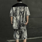 Summer Loose Ice Silk Shirt Ink Tie-dyed Short-sleeved Shorts Two-piece Suit