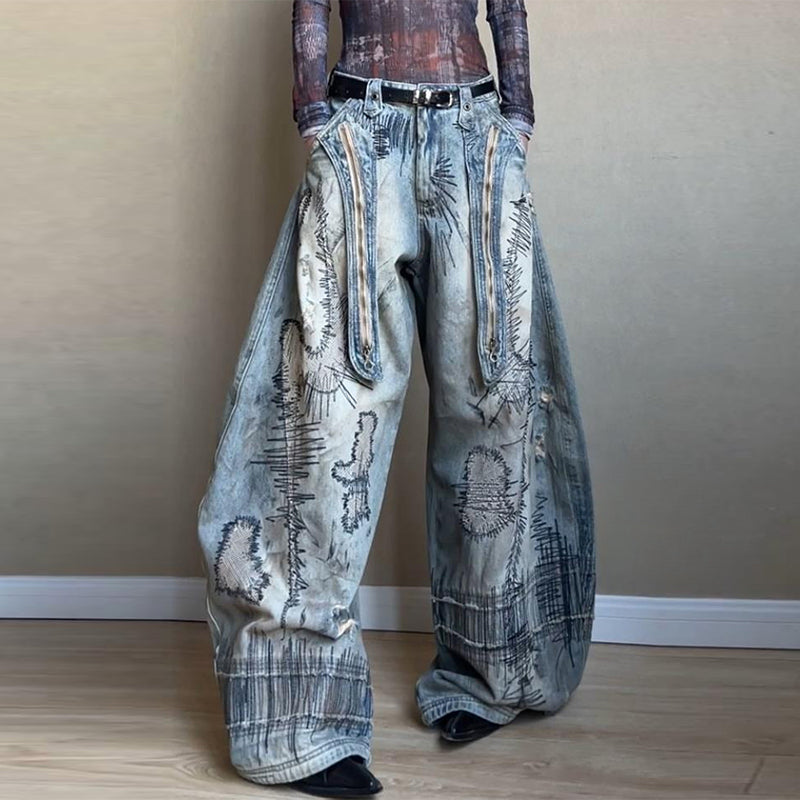 Stitch Embroidery Dyed Denim Loose Wide Leg Scimitar Pants