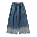 Japanese Retro Denim Gradient Color Raw Edge Wide Leg Pants