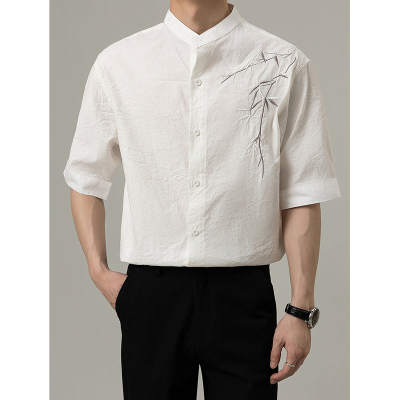 Loose Stand Collar Embroidered Shirt