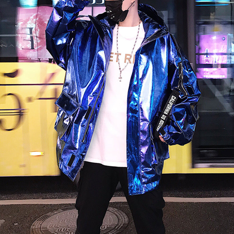 Stage Party Silver Leather  Hooded Jacket