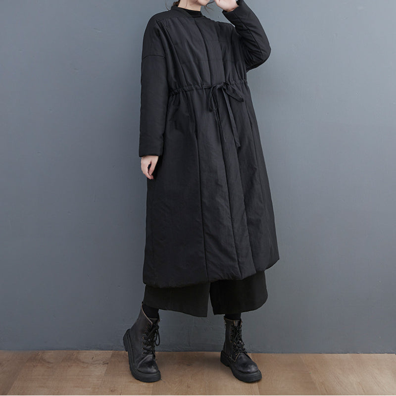 Straight Collar Single Breasted Long Drawstring Coat