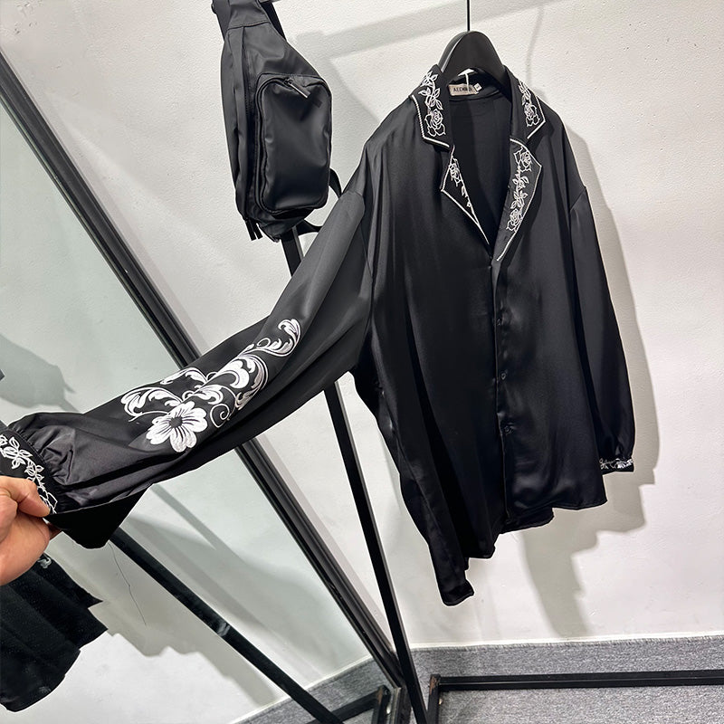 Satin Silky Embroidered Drape Long Sleeve Shirt