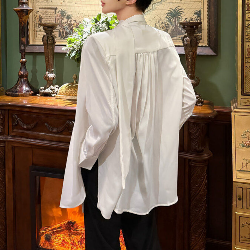 French V-neck Ribbon Loose Draped Shirt