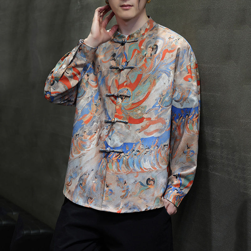 Patterned Stand Collar Button Down Shirt