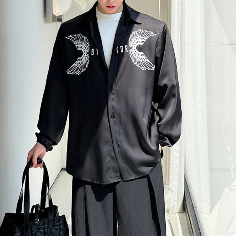 Black Shirt with Eagle Wings Print and Elastic Cuffs
