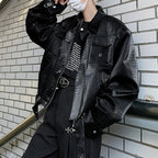 Metallic Deconstructed Leather Glossy Shoulder Padded Jacket