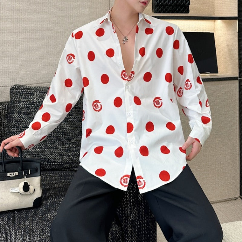 Polka Dot Print Draped Peak Collar Shirt