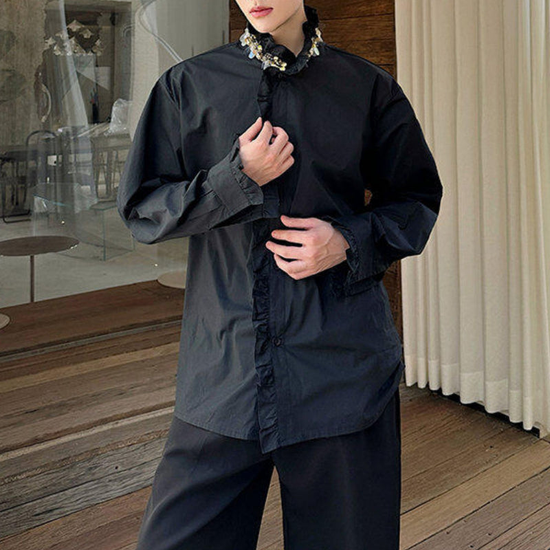 French Diamond Sequin Ruffle Patchwork Shirt
