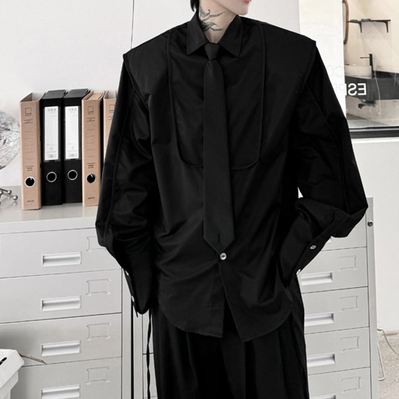 Tie-decorated Button-down Shoulder-padded Solid Color Shirt