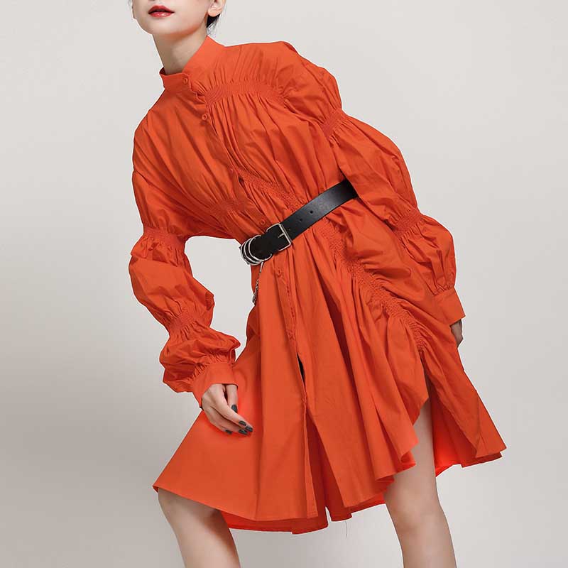 Ruched Balloon Sleeve Shirt Dress
