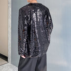 Sequined Satin Panel Deep V-neck Shirt