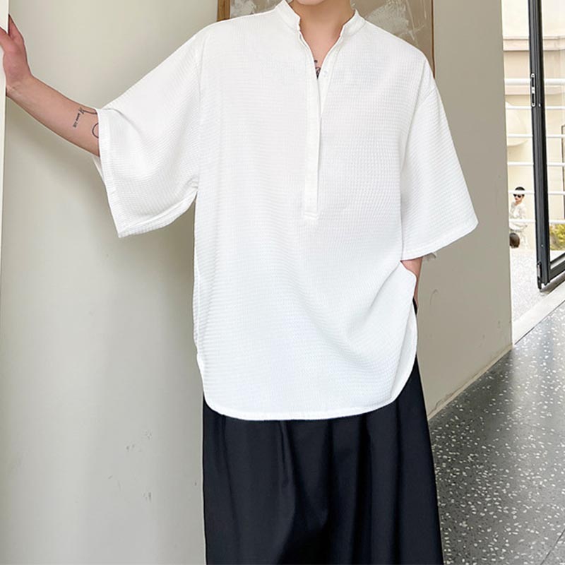 Waffle Collar Loose Half Sleeve Shirt