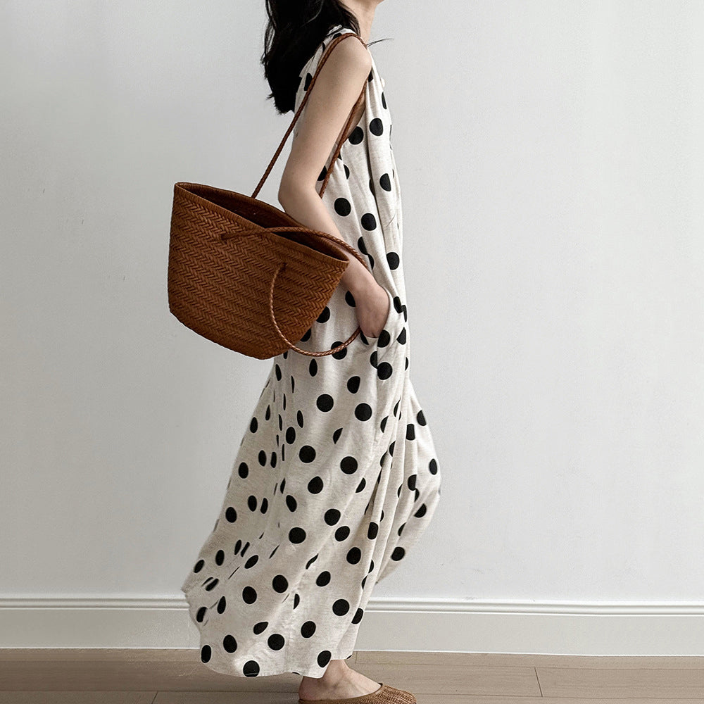 French V-neck Polka Dot Sleeveless Vest Dress