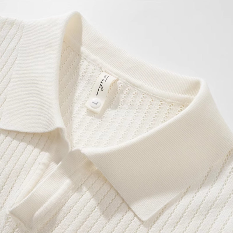 Ice Silk Hollow Pattern Knitted Lapel Polo Shirt