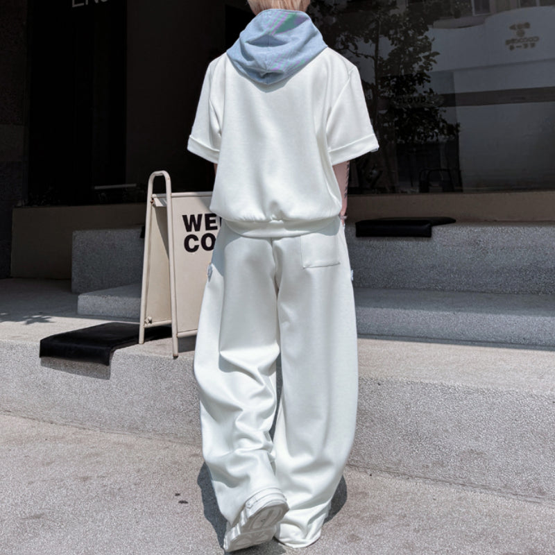 American Casual Contrast Color Stitching Hooded Sweatshirt Wide Leg Trousers Two-piece Set