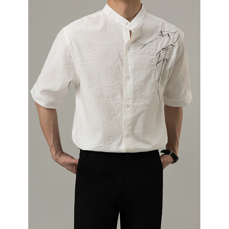 Loose Stand Collar Embroidered Shirt